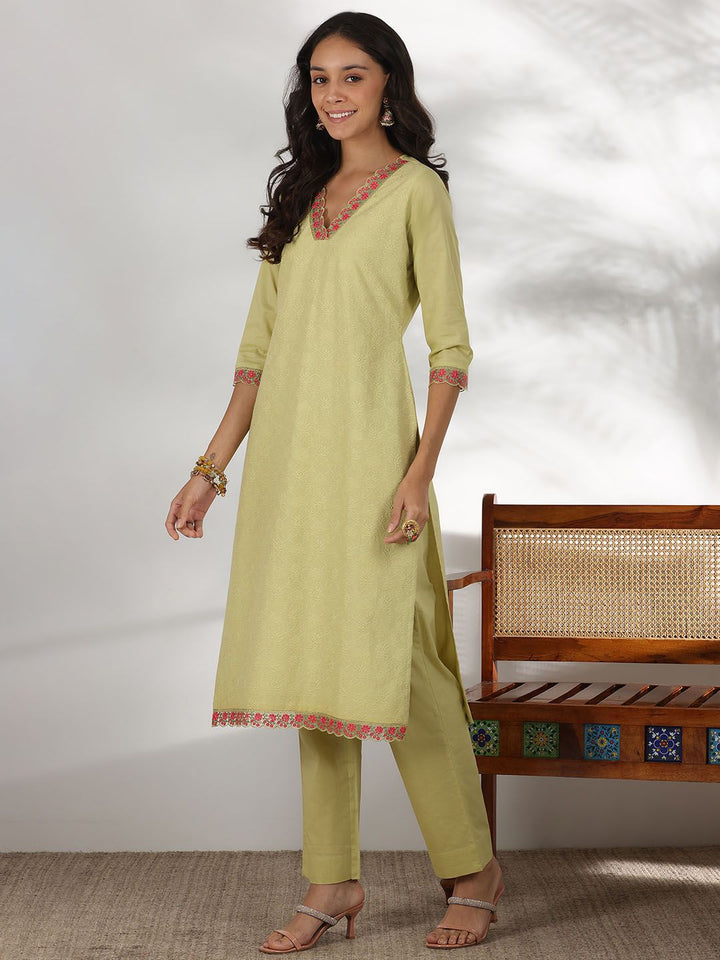 Libas Floral Embroidered Thread Work Pure Cotton Straight Kurta With Palazzos & Dupatta