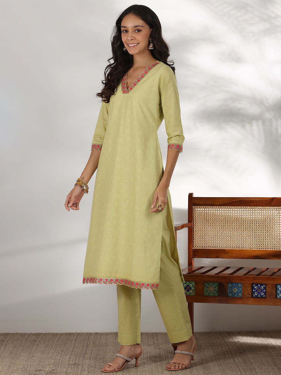 Libas Floral Embroidered Thread Work Pure Cotton Straight Kurta With Palazzos & Dupatta