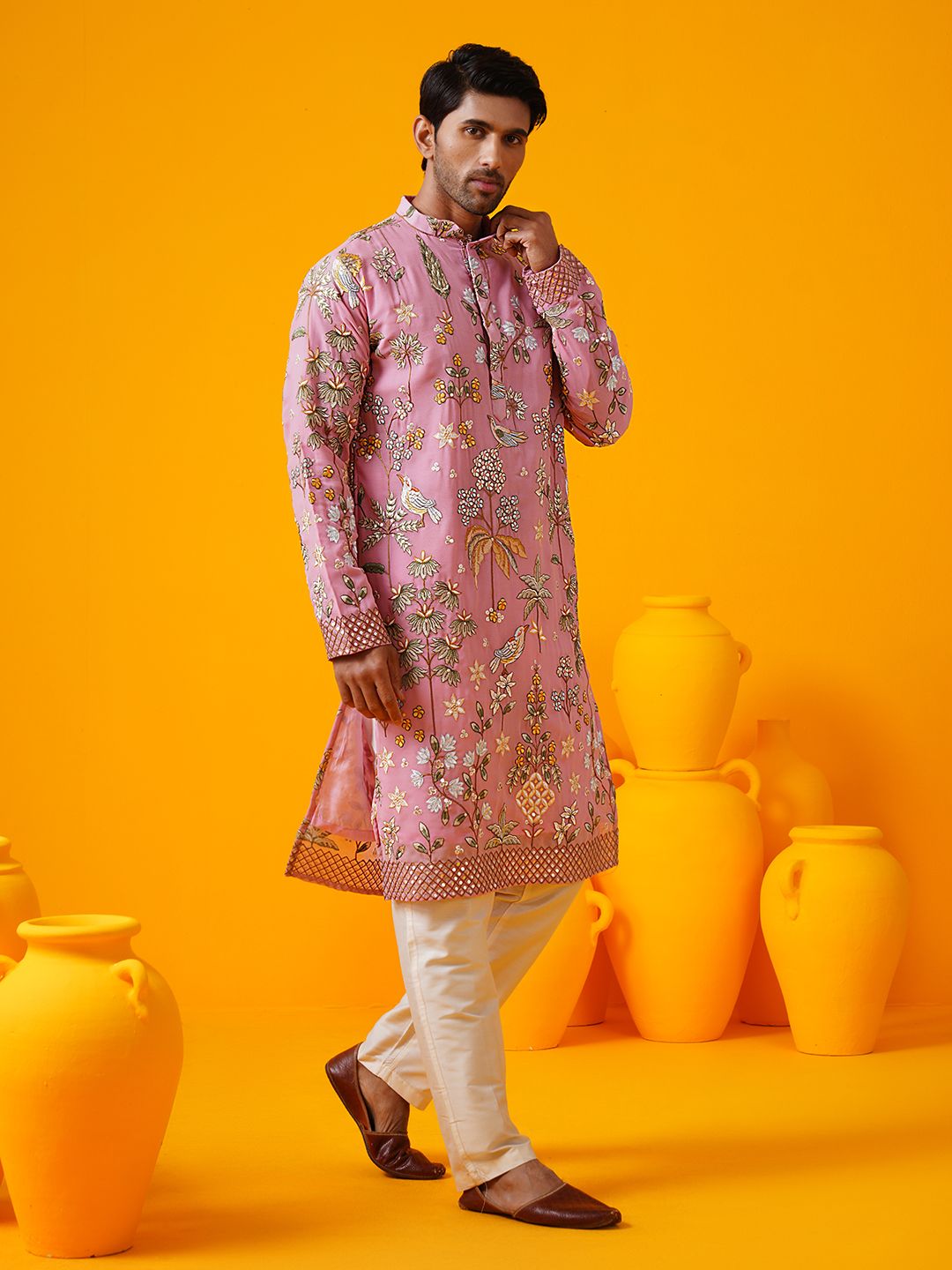 SOJANYA LUXE Floral Embroidered Mandarin Collar Georgette Straight Kurta With Trouser