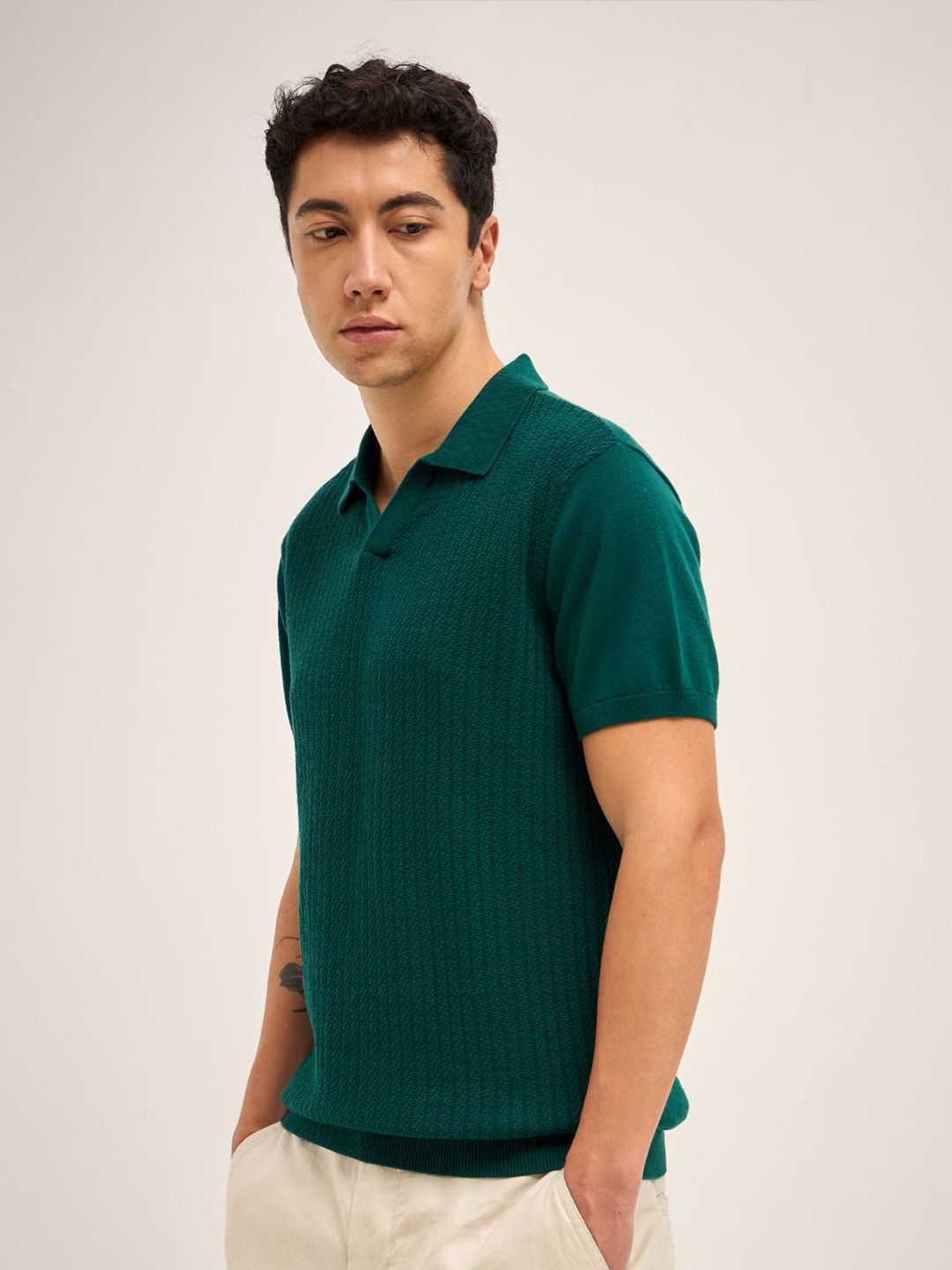 THE BEAR HOUSE Men Self Design Polo Collar Cotton T-shirt