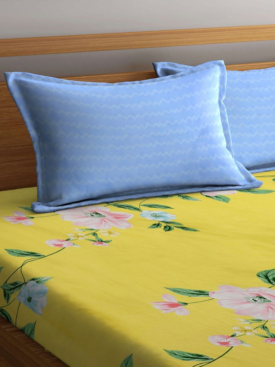 Myntra Elegant Homes Yellow & Blue Floral Printed 300 TC King Bedsheet Set 2.50 m x 2.25 m