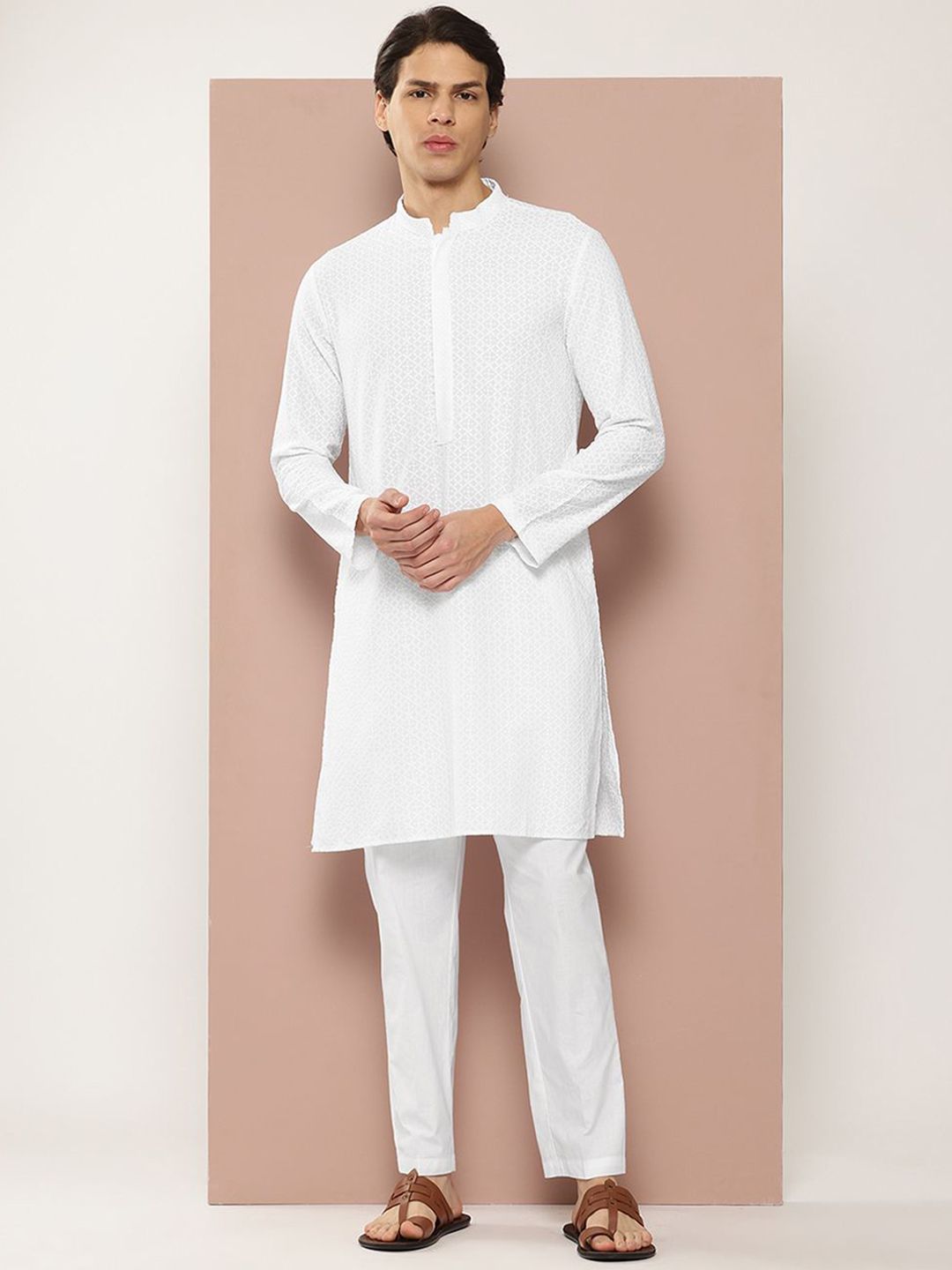 See Designs Striped Embroidered Sequinned Mandarin Collar Chanderi Silk Straight Kurta