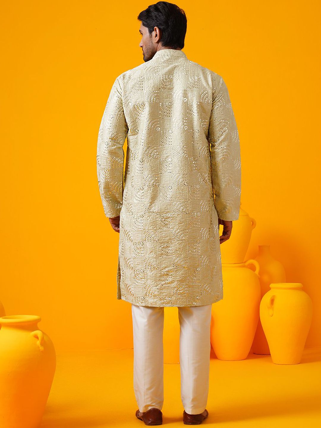 SOJANYA LUXE Geometrik Sulam Kolar Mandarin Benang Kerja Kurta Lurus