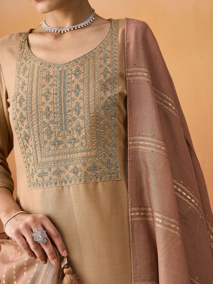 KALINI Ethnic Motifs Embroidered Straight Kurta With Trousers & Dupatta