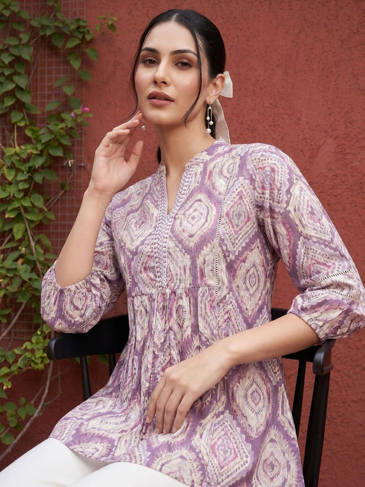 Mamicha Print Mandarin Collar Bishop Sleeves Cotton Top
