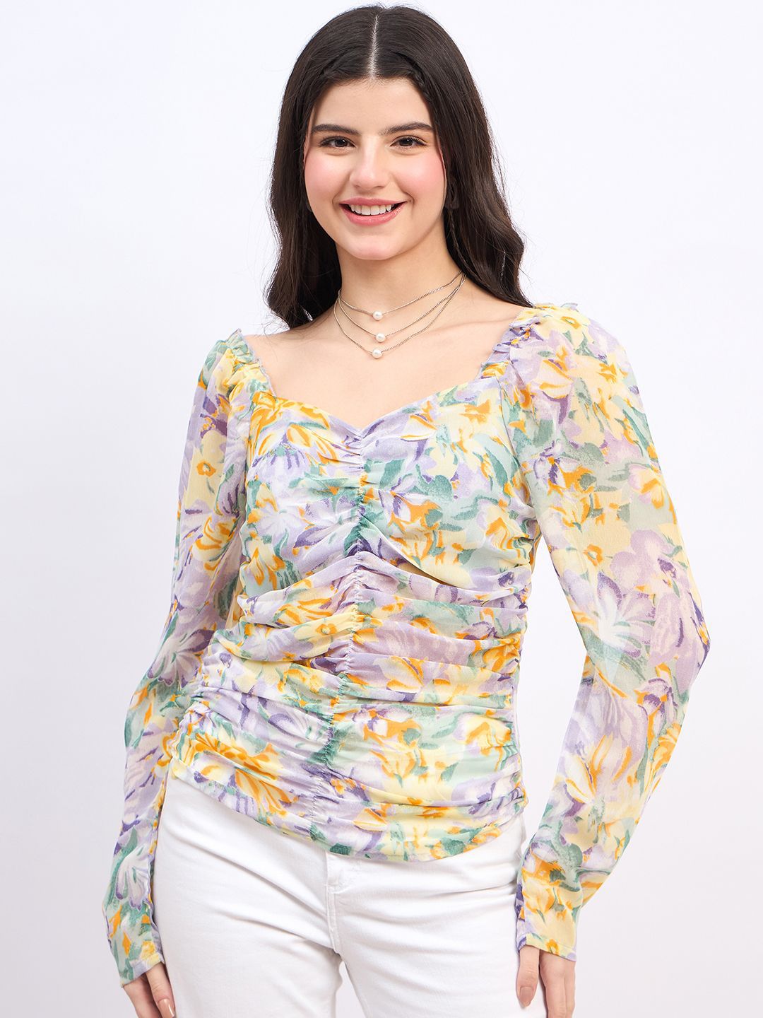 Berrylush Floral Print Sweetheart Neck Puff Sleeve Georgette Top