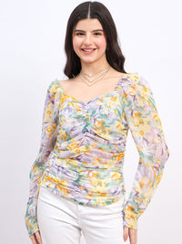 Berrylush Floral Print Sweetheart Neck Puff Sleeve Georgette Top