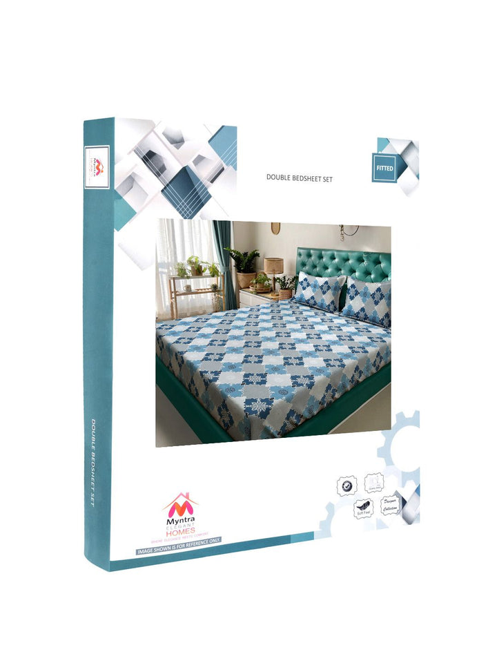 Myntra Elegant Homes Blue Geometric Fitted 400 TC Cotton King Bedsheet Set 2.50 m x 2.25 m