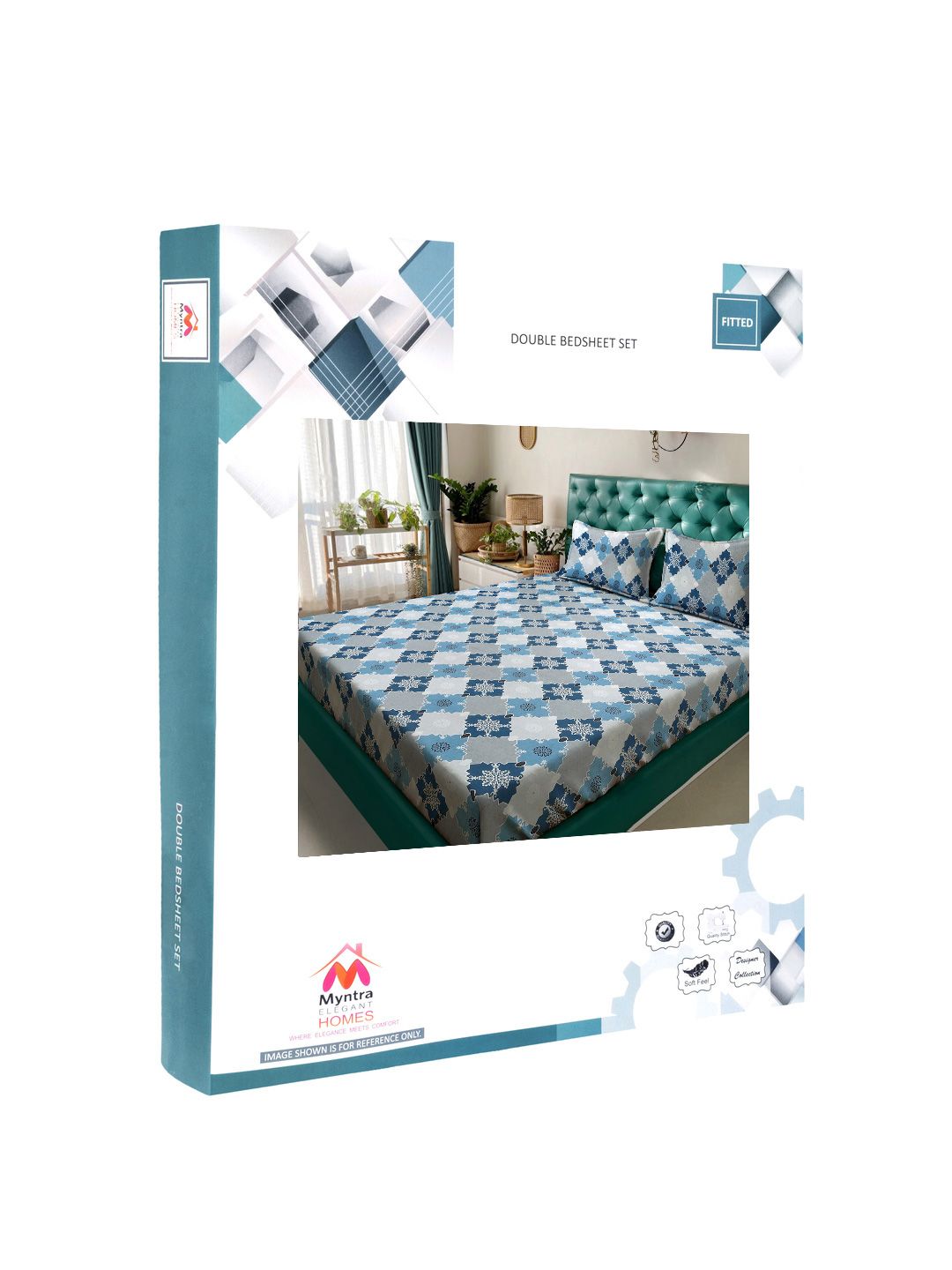 Myntra Elegant Homes Blue Geometric Fitted 400 TC Cotton King Bedsheet Set 2.50 m x 2.25 m