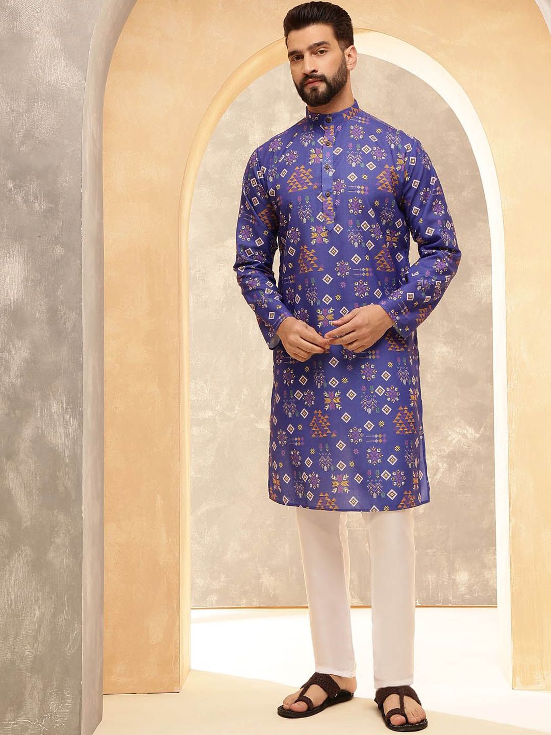 SOJANYA Ethnic Motifs Printed Band Collar Cotton Linen Straight Kurta