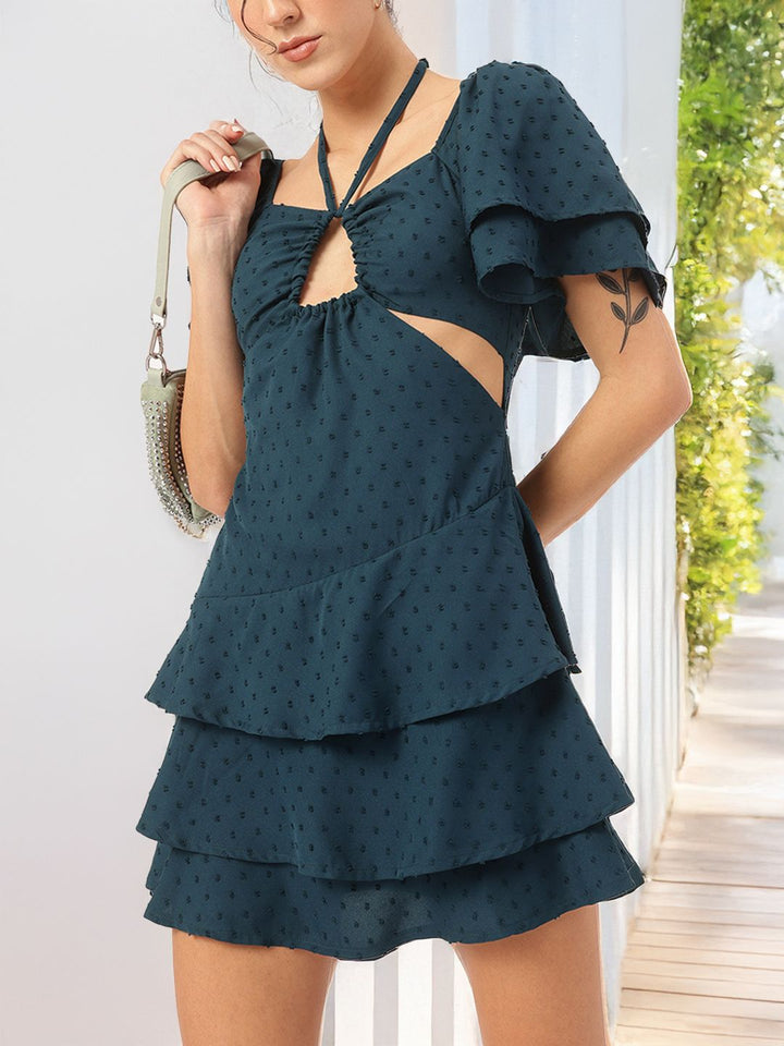 DressBerry Flirty & Fabulous Dobby Cut-Out Tie-Up Sweetheart Neck Layered Mini Dress
