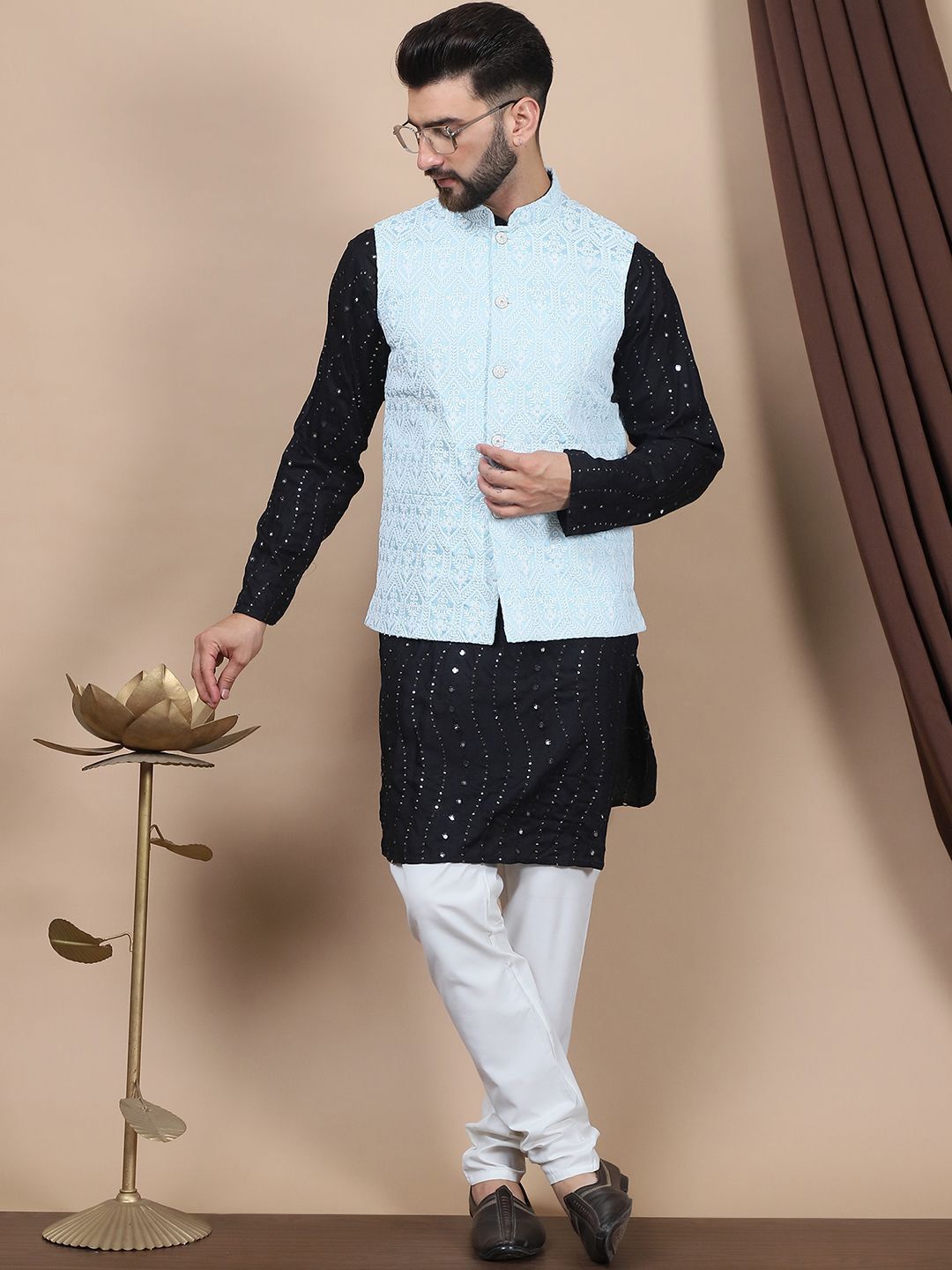 Anouk Embroidered Sequinned Pure Cotton Straight Kurta With Churidar & Nehru Jacket