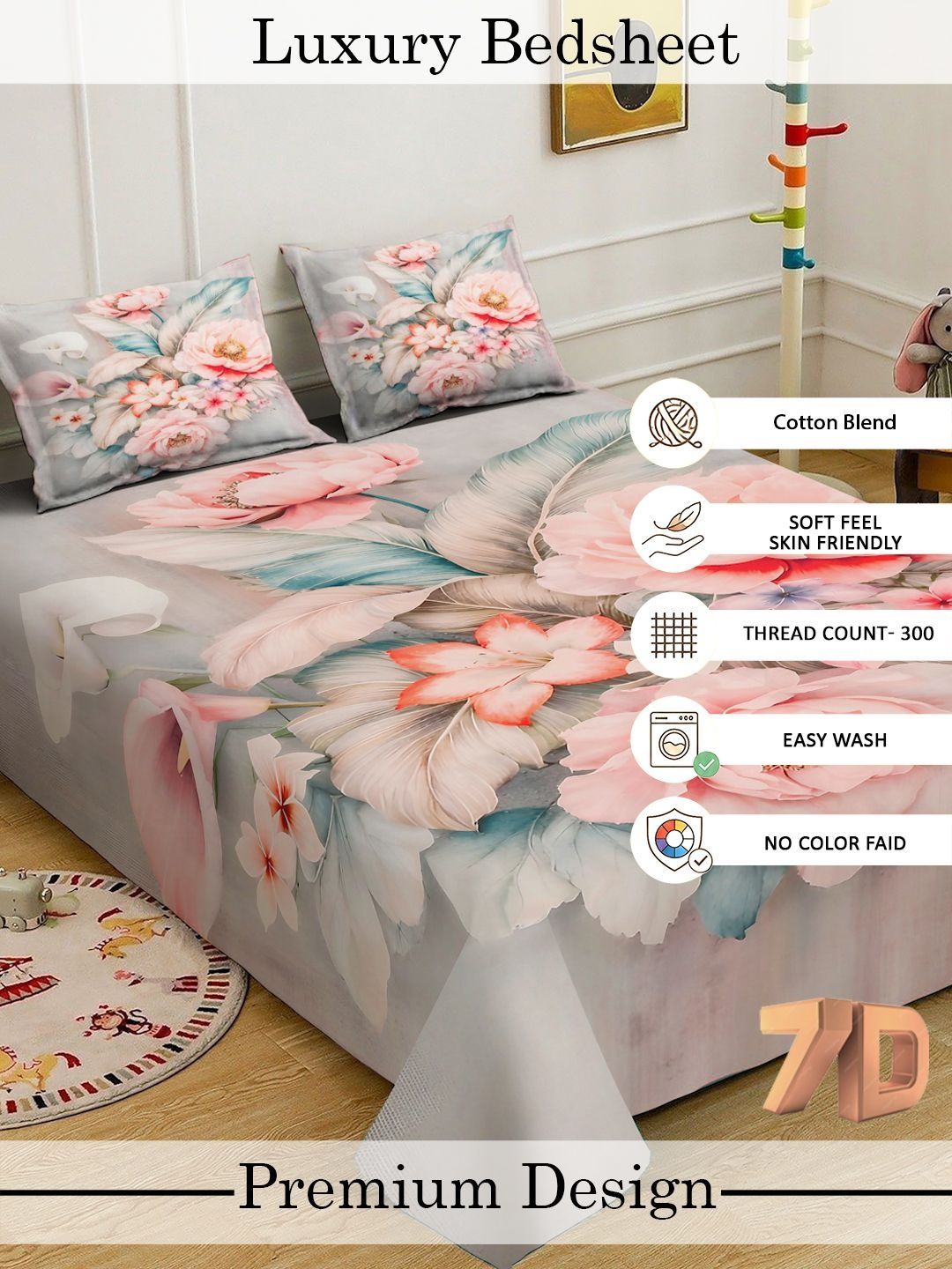 Myntra Elegant Homes Multicolor Floral 300TC King Double Bedsheet & 2 Sarung Bantal