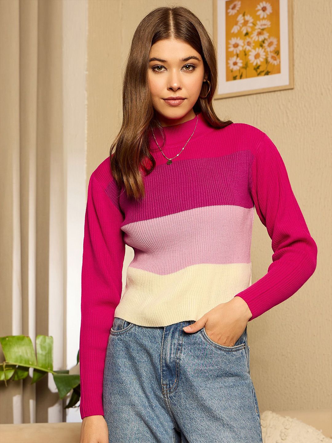 Berrylush Women High Neck Colourblocked Pullover