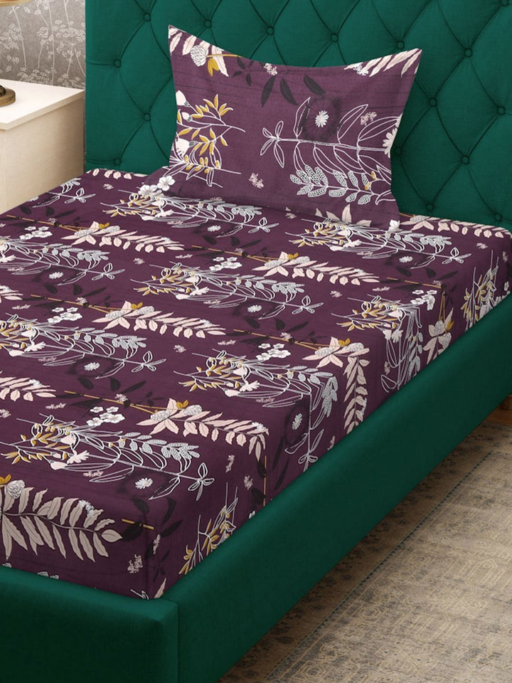 KLOTTHE Purple Floral Polycotton 300 TC Single Fine Bedsheet with a Pillow Cover-89 x 59 inches