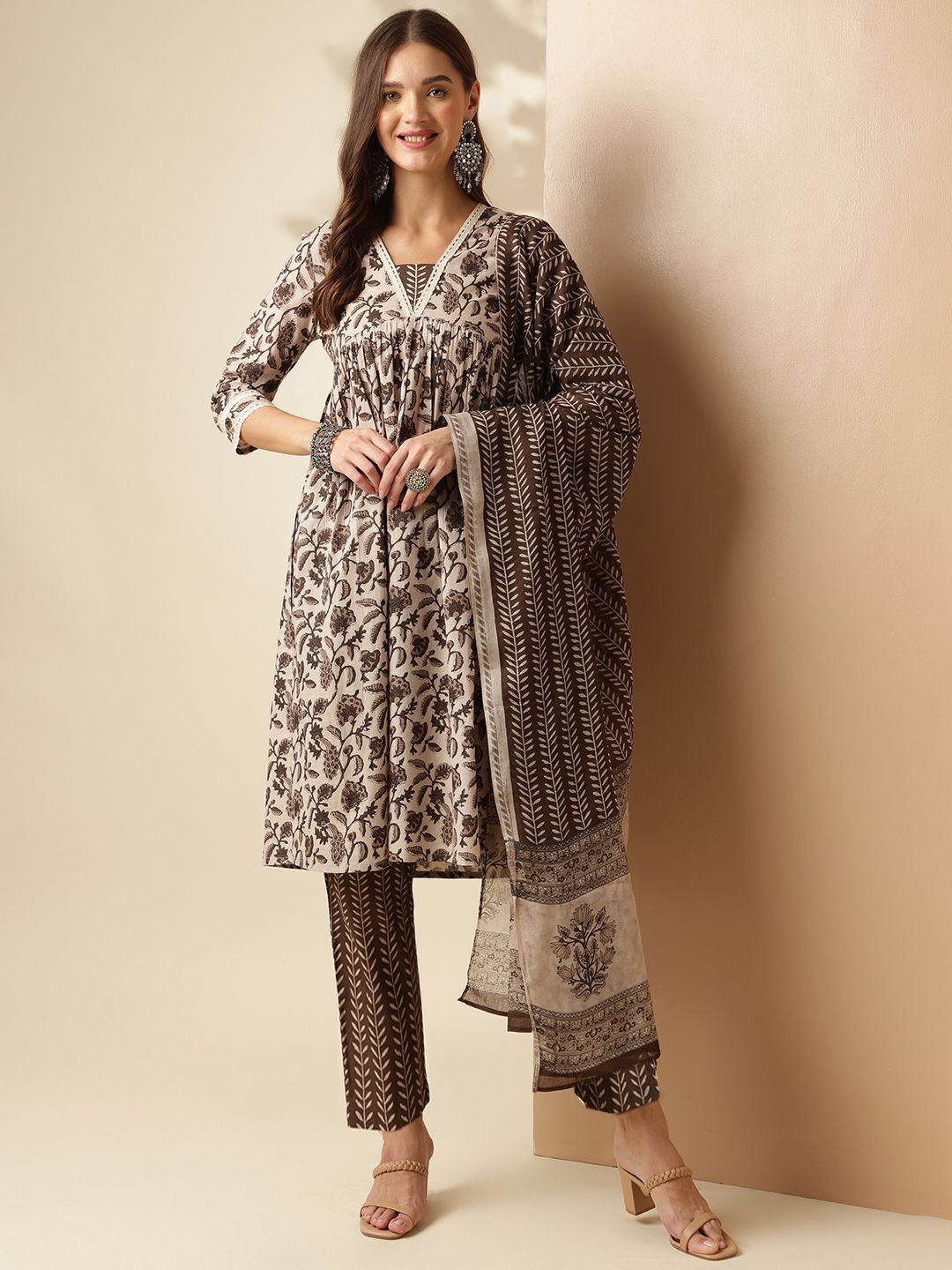 Anouk Ethnic Motifs Printed Regular Pure Cotton Anarkali Kurta with Trousers & Dupatta
