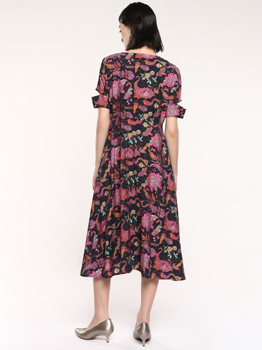 RAREISM Floral Printed Short Sleeves A-Line Midi Dress