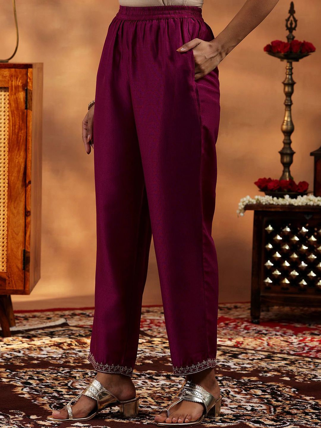 Libas Floral Yoke Design Zari Regular A Line Kurta with Trousers & Dupatta
