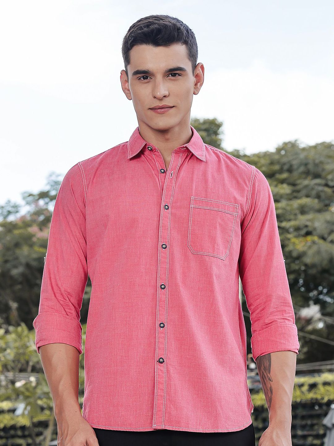 Thomas Scott Classic Slim Fit Spread Collar Roll-Up Sleeves Pure Cotton Casual Shirt