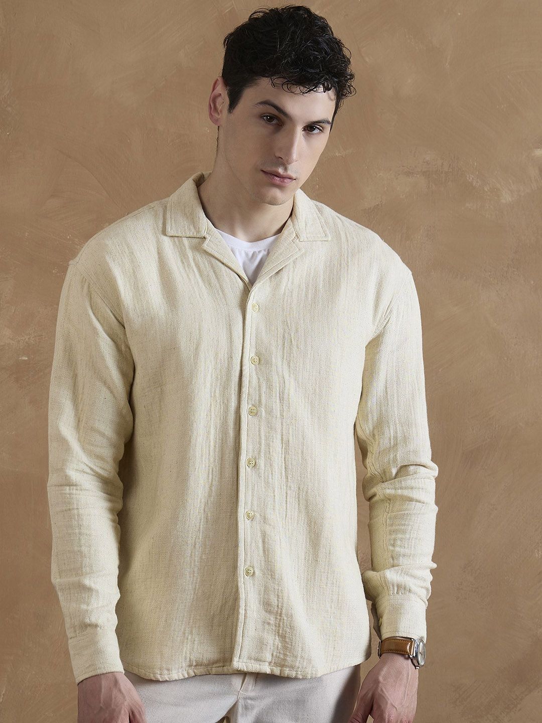 DENNISON Beige Double Gauge Self Design Shirt