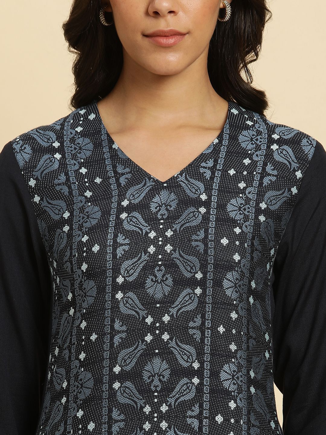 W Floral Embroidered V Neck A Line Kurta