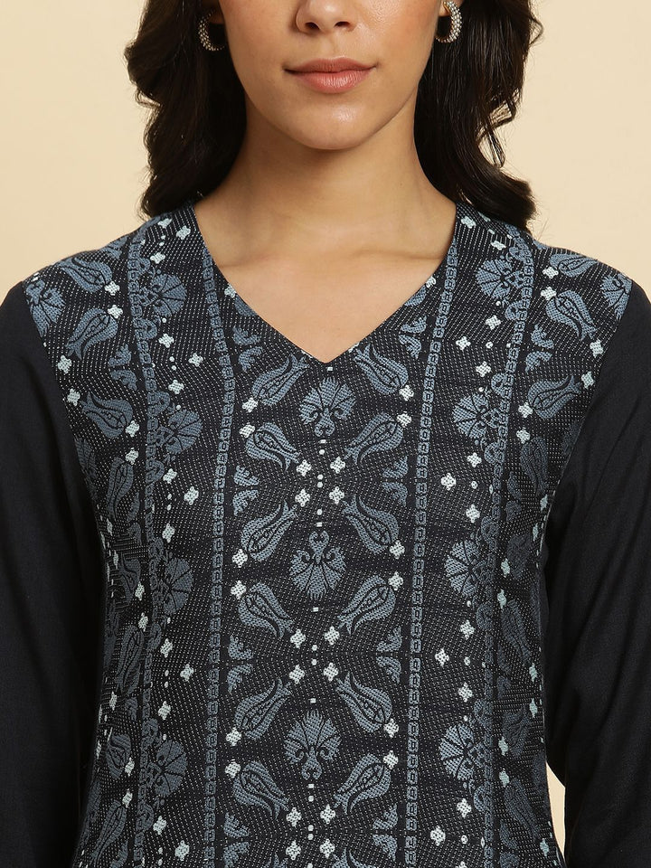 W Floral Embroidered V Neck A Line Kurta