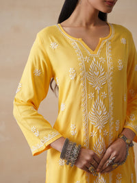 House of Chikankari Women Yellow Rayon Chikankari Embroidered Kurta Set