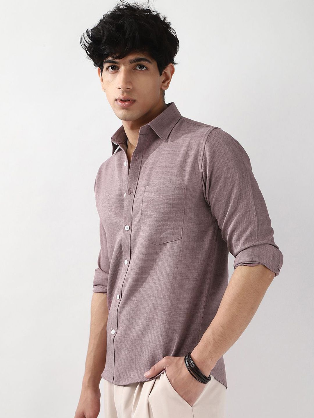 Urbano Fashion Men Purple Solid Linen Full Sleeve Relaxed Fit Casual Shirt