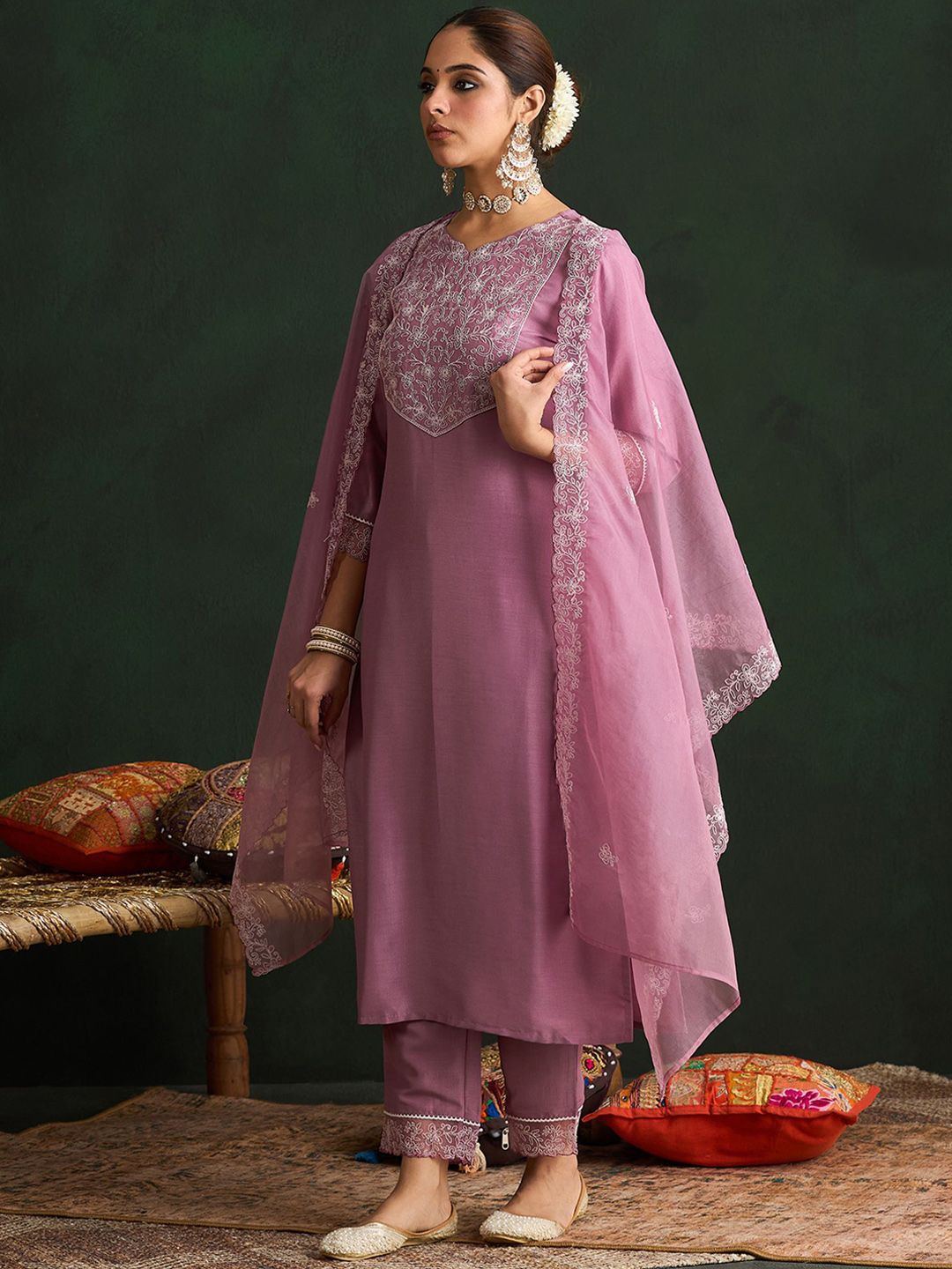 Indo Era Women Floral Yoke Design Regular Thread Work Kurta with Trousers & With Dupatta