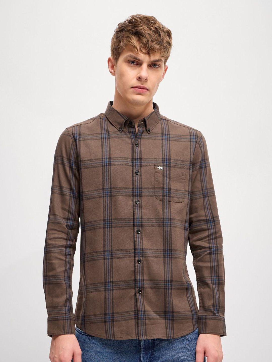 THE BEAR HOUSE Men Button-Down Collar Checked Cotton Slim Fit Casual Shirt