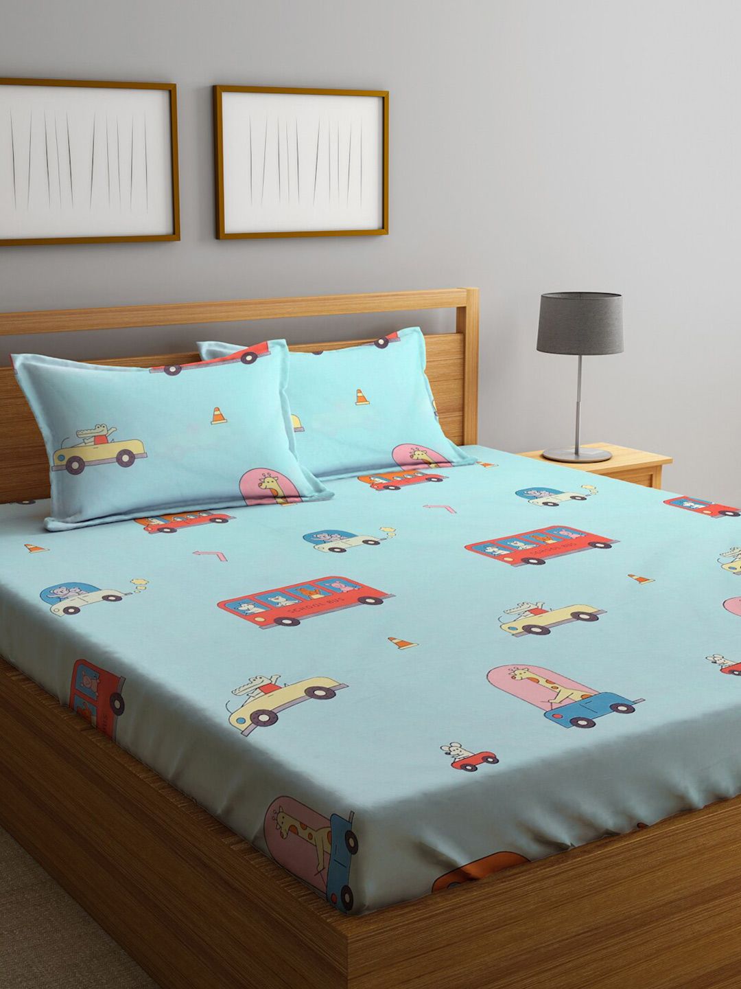 KLOTTHE Turquoise Blue Graphic Cotton 300 TC Fitted King Fine Bedsheet with 2 Pillow Covers-98 x 87 inches