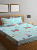KLOTTHE Turquoise Blue Graphic Cotton 300 TC Fitted King Fine Bedsheet with 2 Pillow Covers-98 x 87 inches