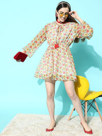 Indo Era Floral Print Tie-Up Neck Puff Sleeve Georgette A-Line Dress