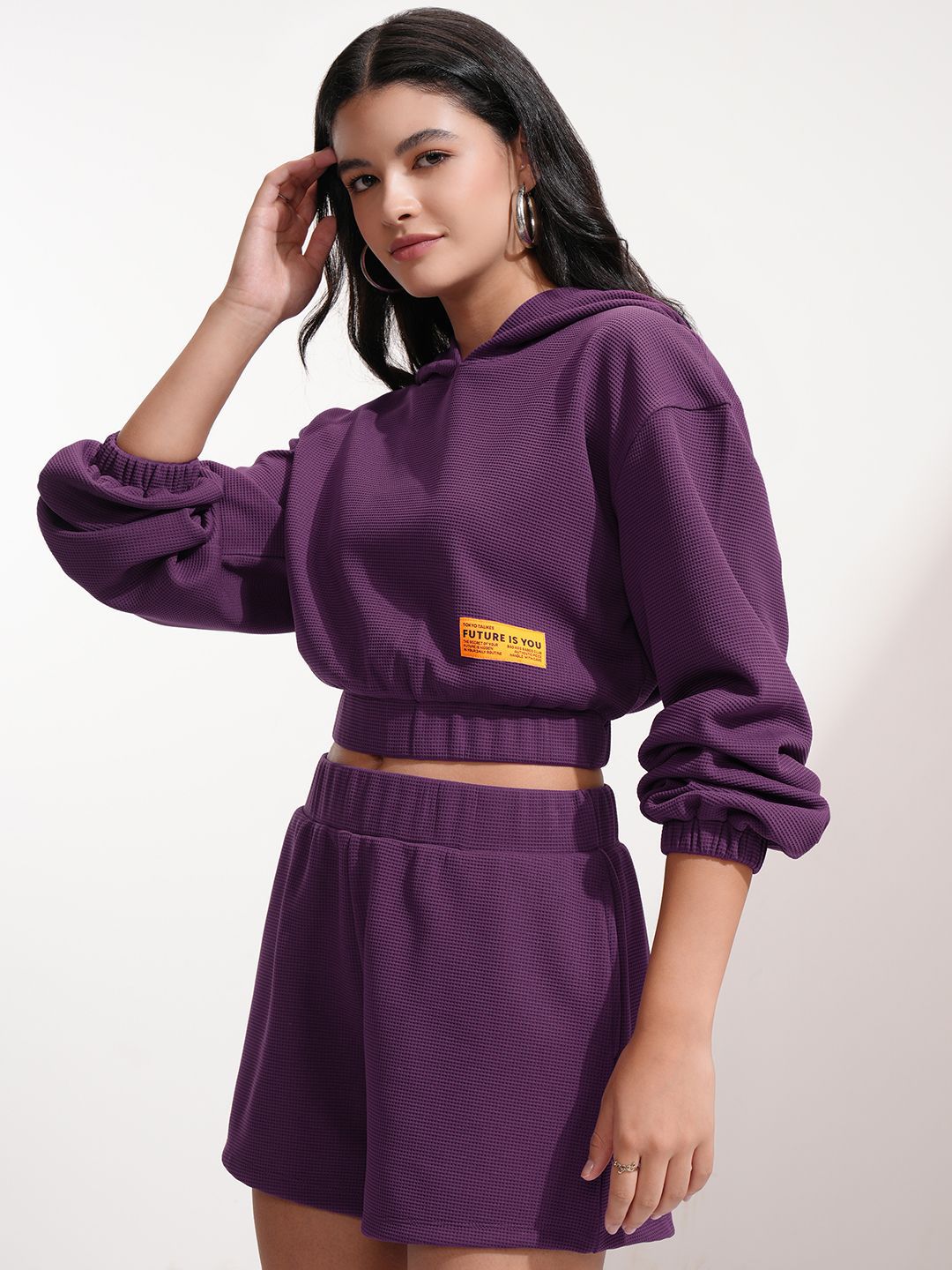 ESPYR By Tokyo Talkies Hooded Self Design Sweatshirt With Shorts