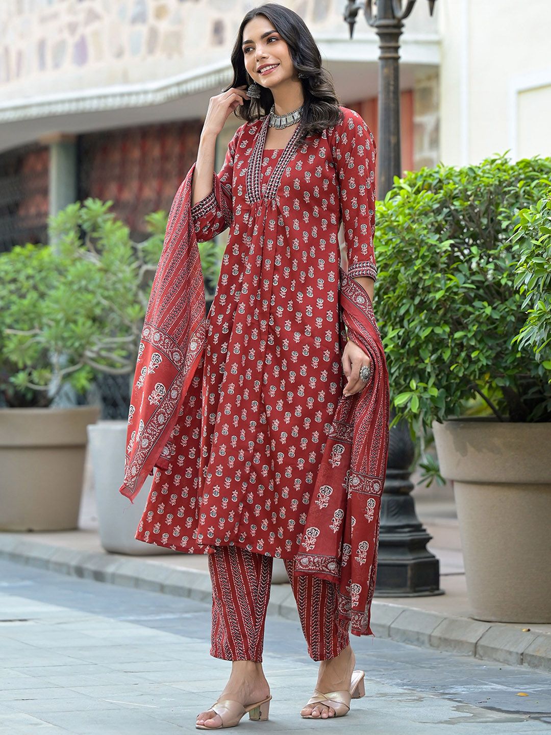 KALINI Floral Printed V-Neck Thread Work A-Line Kurta With Trousers & Dupatta