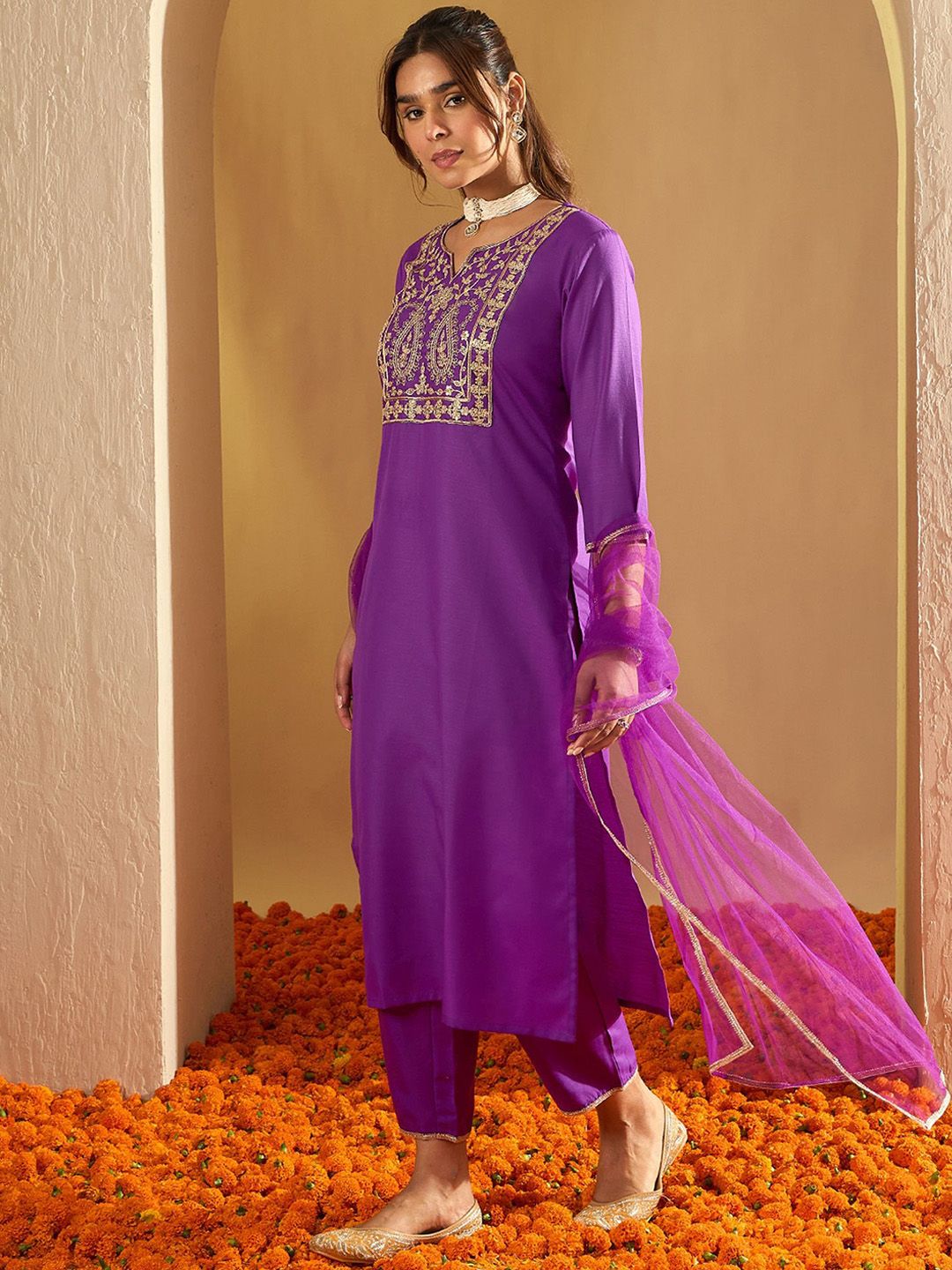 Indo Era Floral Embroidered Liva Straight Kurta With Trousers & Dupatta
