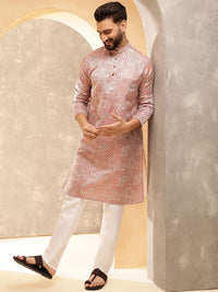 SOJANYA Ethnic Motifs Printed Band Collar Jacquard Silk Straight Kurta