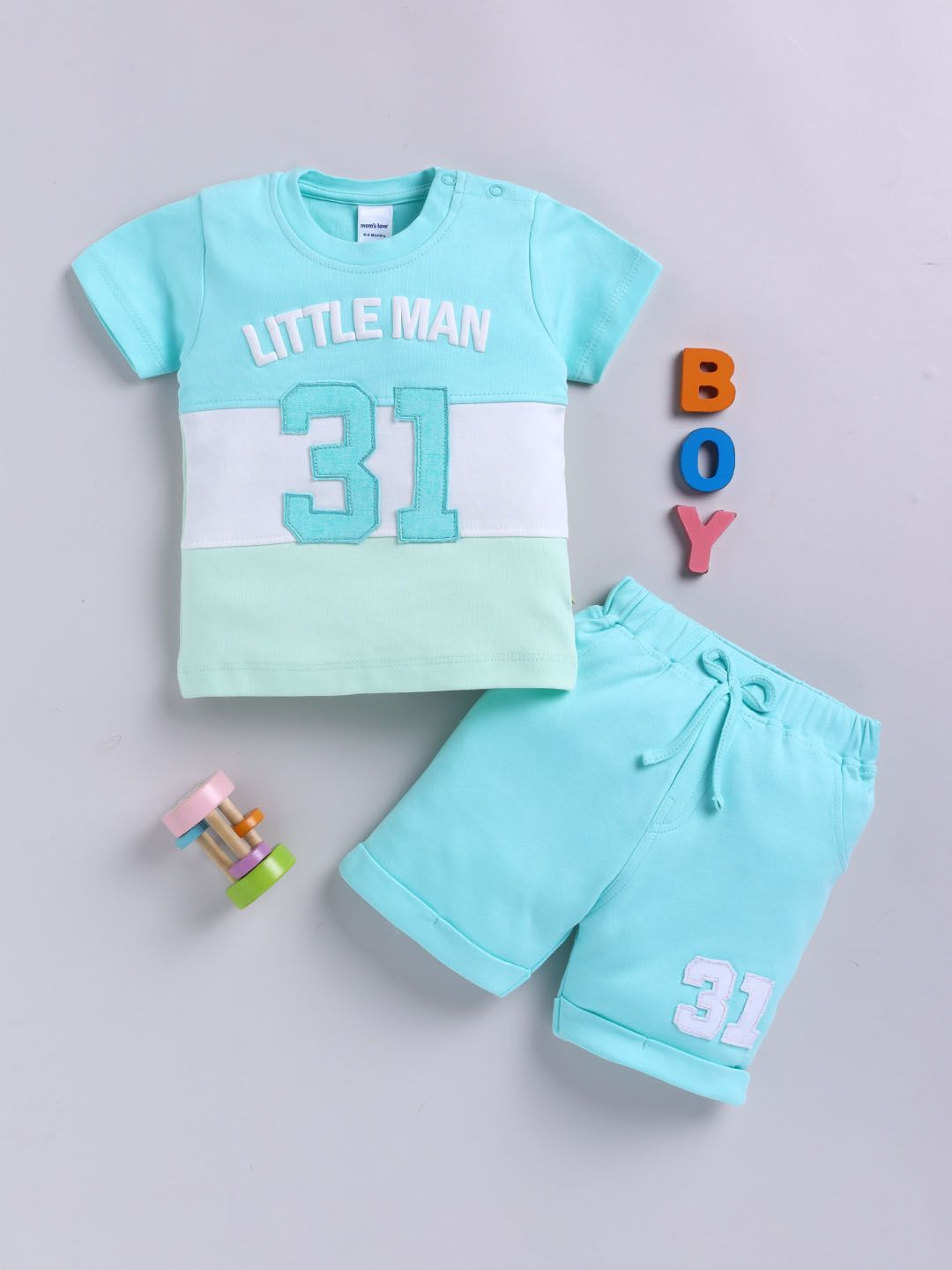 Moms Love Boys Puff Typography Printed & Striped Pure Cotton Clothing Set