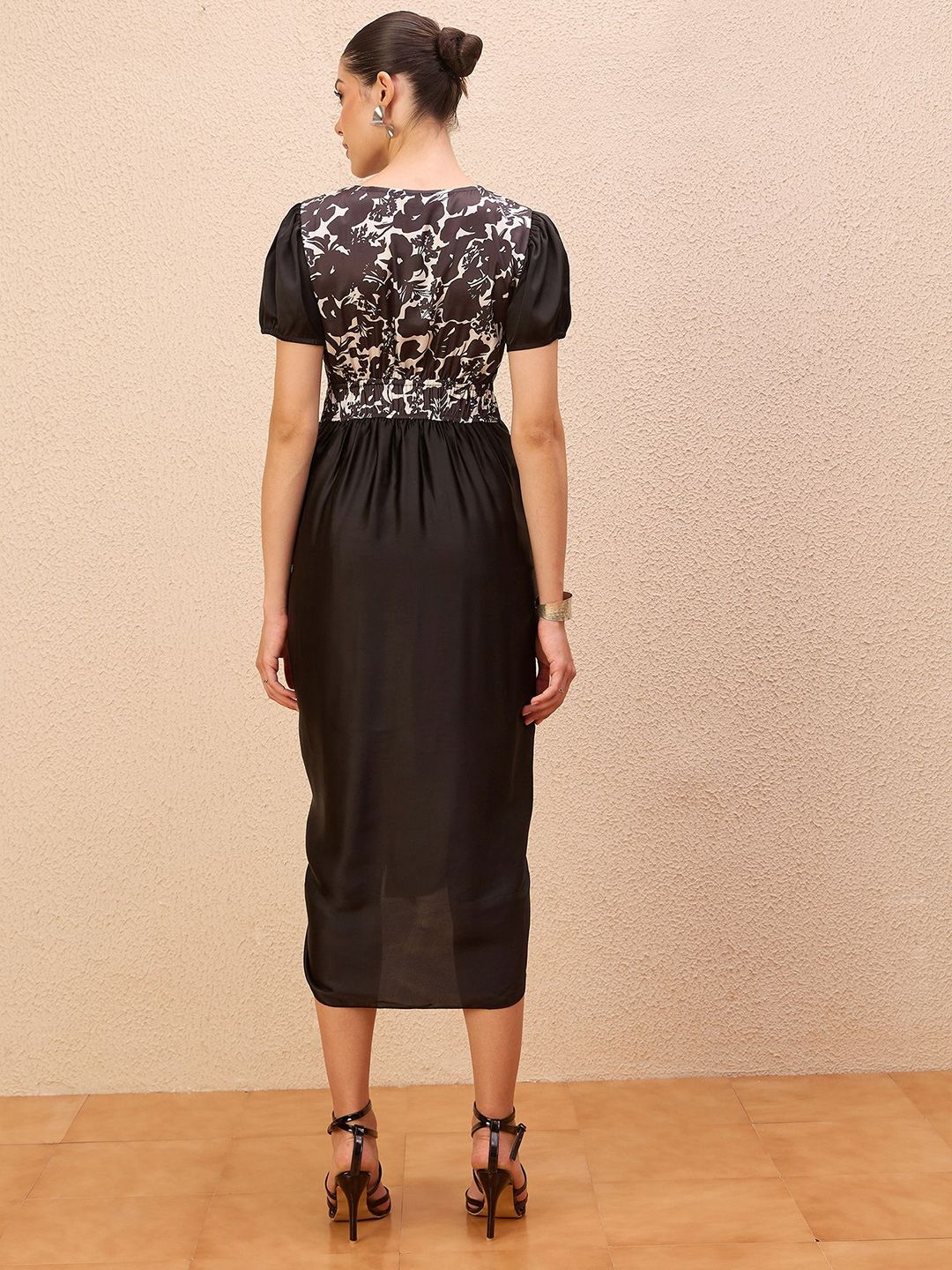 Antheaa Women Puff Sleeve Satin Sheath Midi Dress