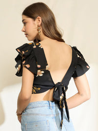 Berrylush Floral Print Ruffles Styled Back Crop Top