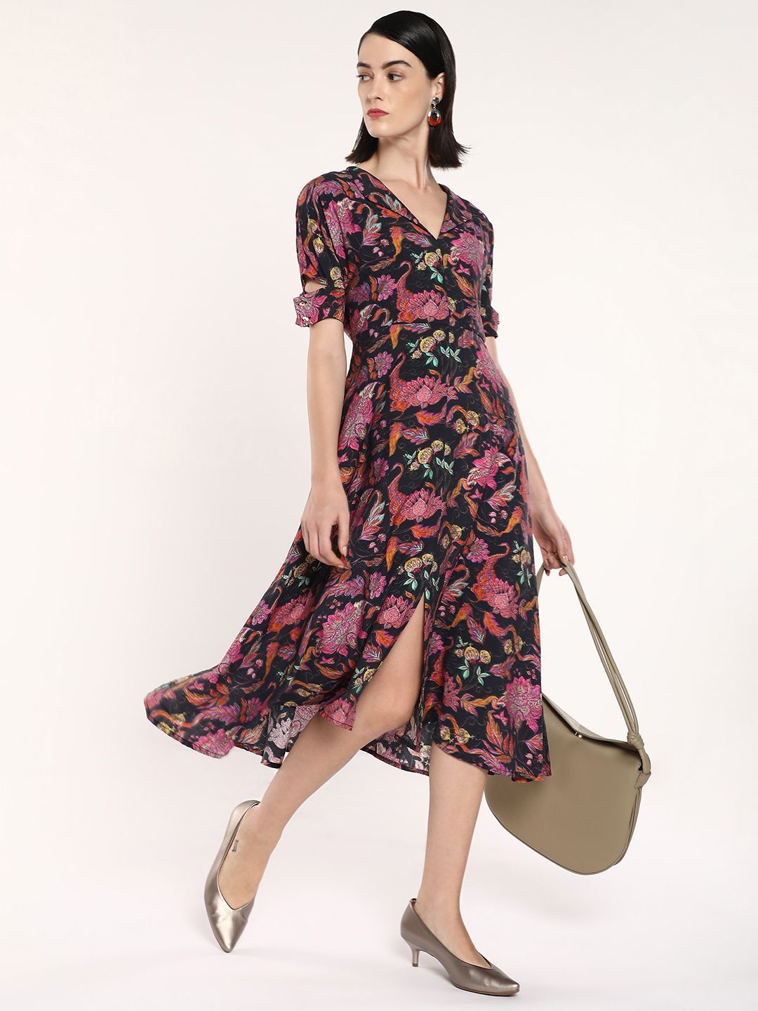 RAREISM Floral Printed Short Sleeves A-Line Midi Dress