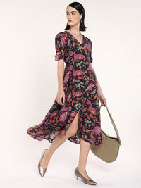 RAREISM Floral Printed Short Sleeves A-Line Midi Dress