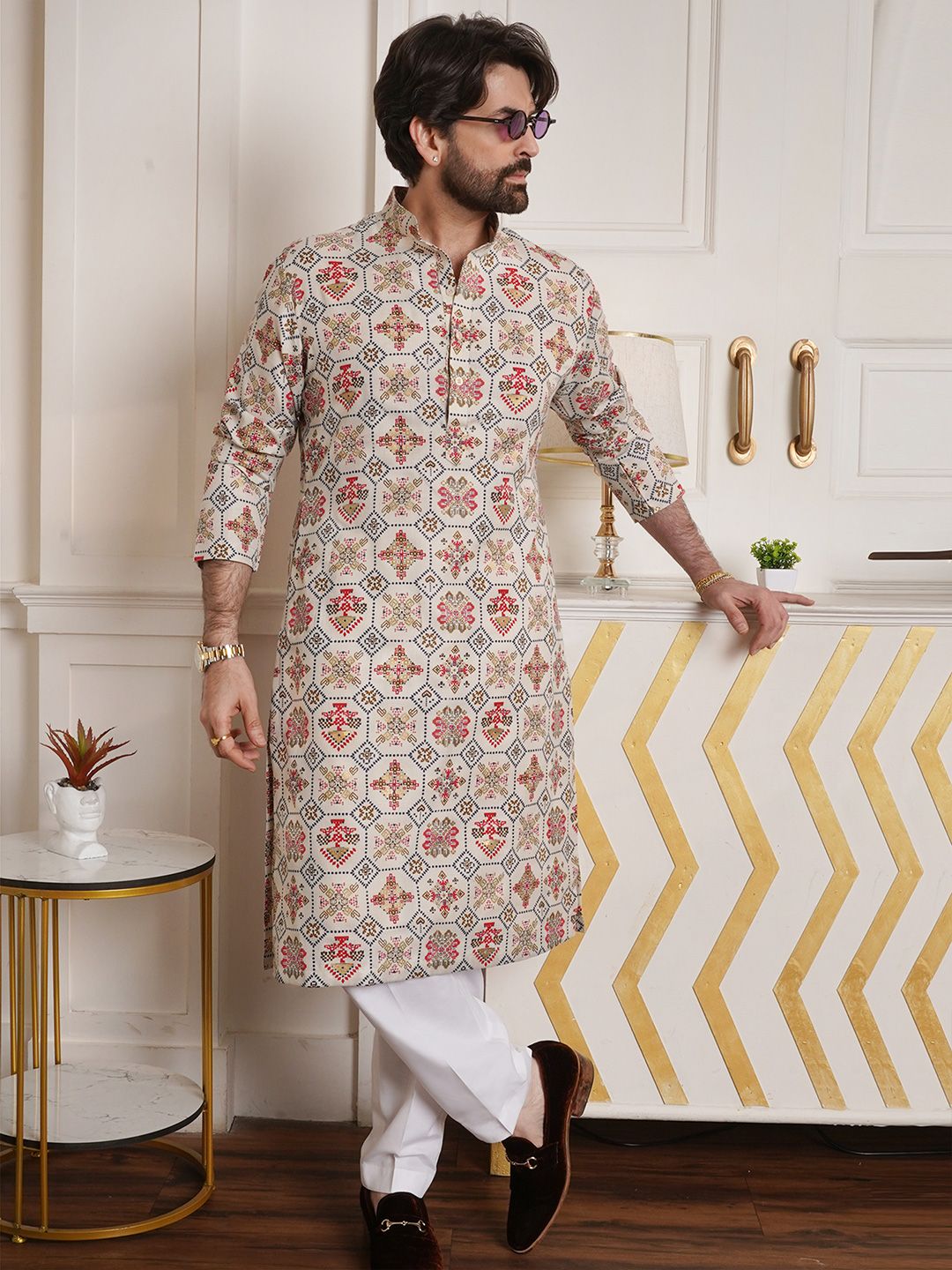 SOJANYA Ethnic Motifs Printed Band Collar Regular Kurta With Churidar