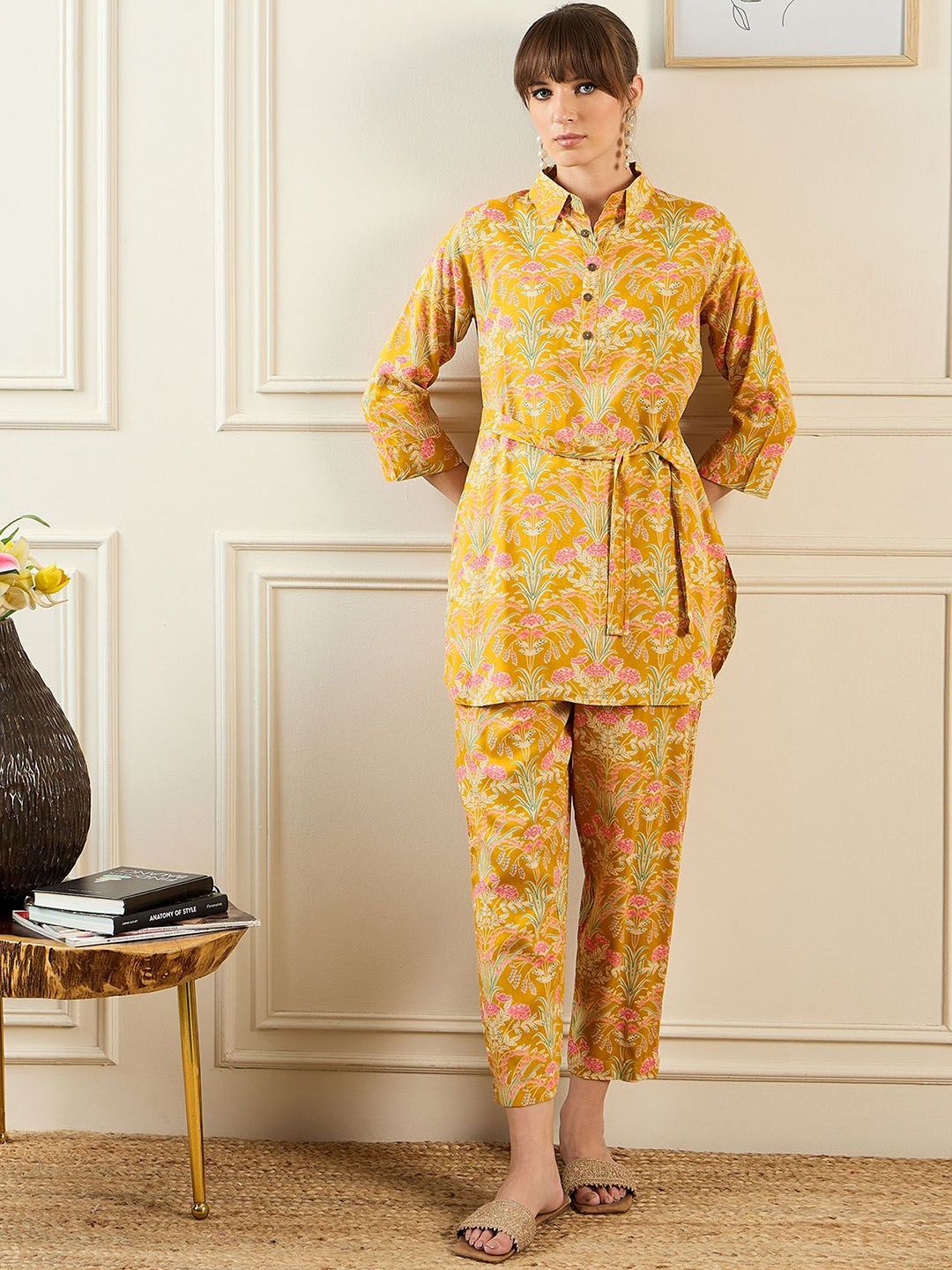 Indo Era Floral Printed Shirt Collar Tunic & Trousers