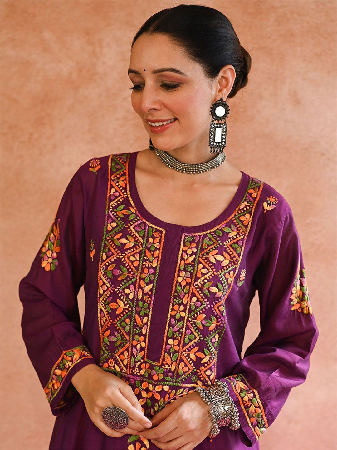 House of Chikankari Women Purple Chanderi Chikankari Sulam Set Kurta