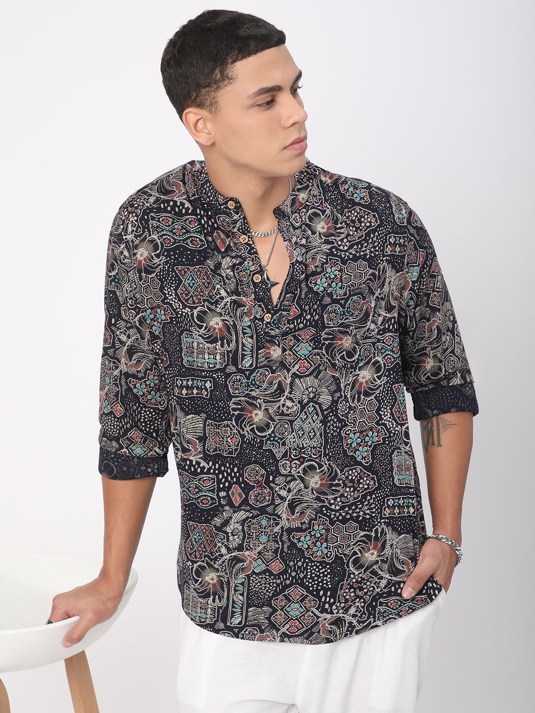 VASTRADO Picturesque Abstract Printed Band Collar Straight Kurta