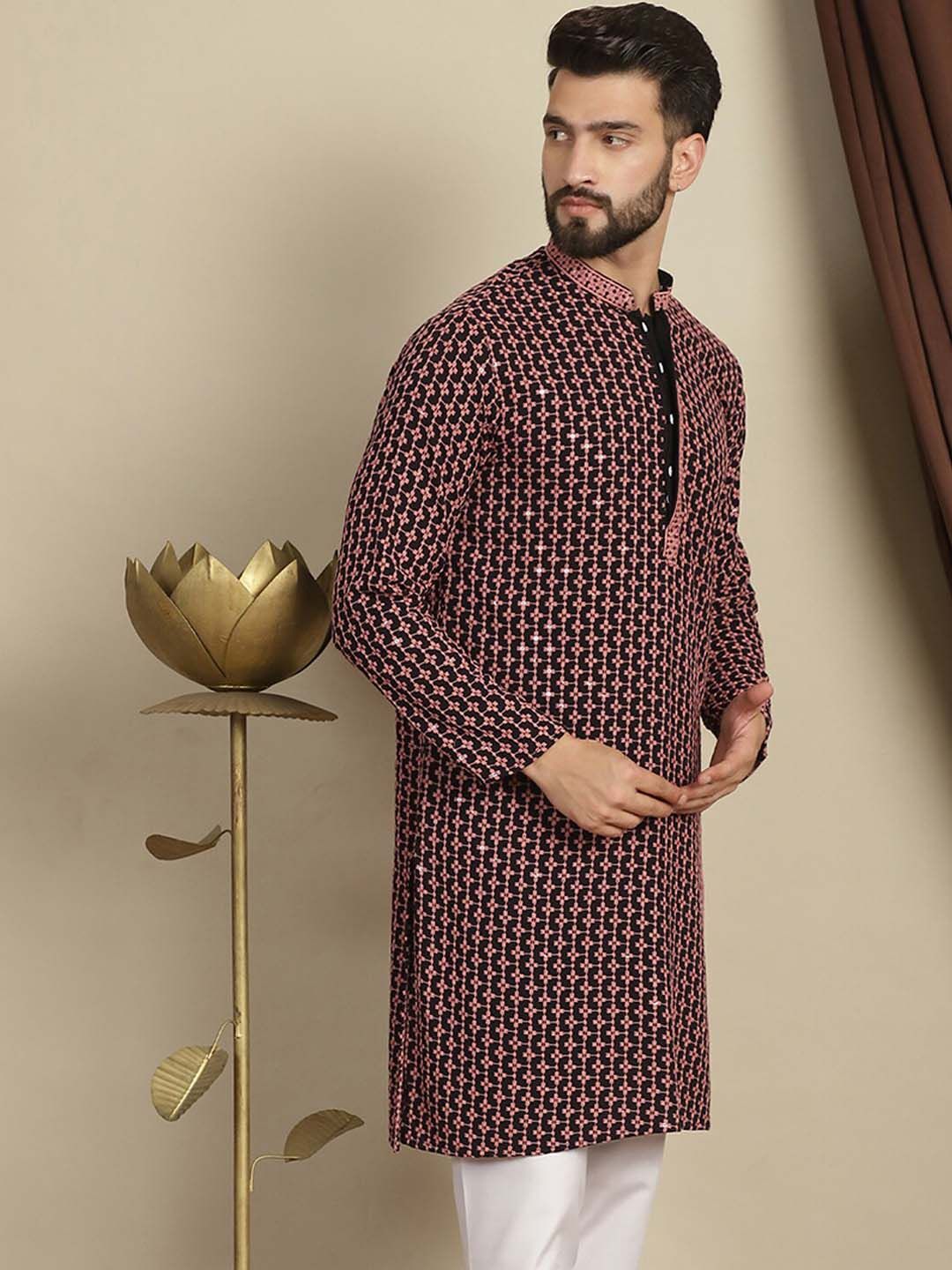 Anouk Coral Geometrik Sulam Mandarin Kolar Lengan Panjang Kurta Kapas Labuci