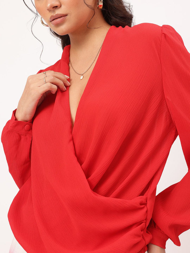 DressBerry Sweet & Spicy Crinkled Fluid Wrap-Style Blouson Top