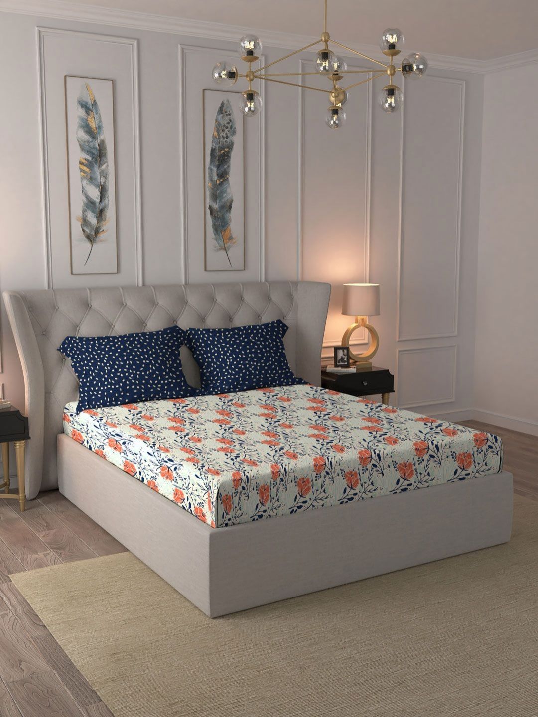 MYTRIDENT Aster Blue Moments Flat 120TC Queen Cotton 1 Bedsheet with 2 Pillow Covers
