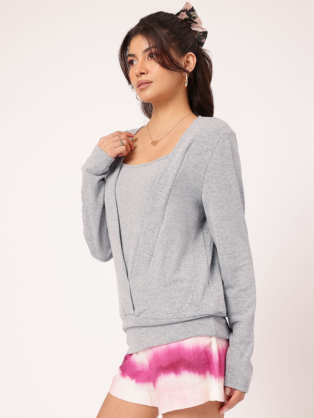 DressBerry Misty Haze Cardigan-Inspired Paneled Knit Top